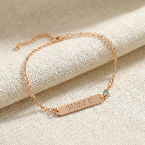 Name Bar Birthstone Bracelet | Dainty Charm Bracelet with Gemstones | Engraved Name Bracelet | Gift for Mom | Christmas Gift M.0087