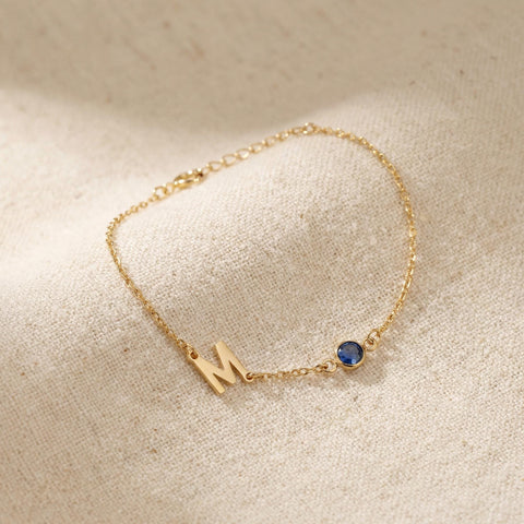 14K Gold Letter Birthstone Bracelet - 3.5-10 in M.0158